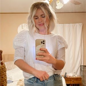 White eyelet puff sleeve top